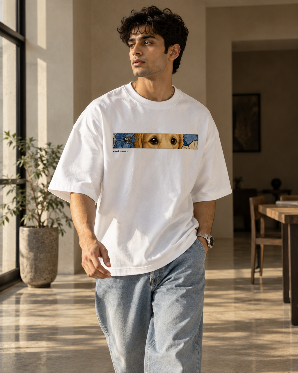 White Weakness Premium Oversized T-Shirt front view with dog eyes, floral graphic and weakness typography