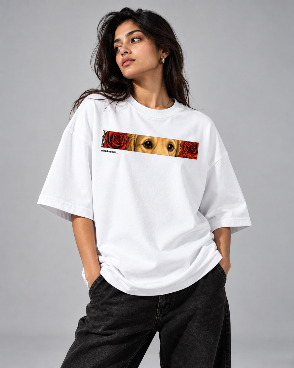 A woman modeling an oversized white t-shirt with a horizontal graphic print featuring a golden retriever's face and red roses, paired with black jeans against a gray studio background.