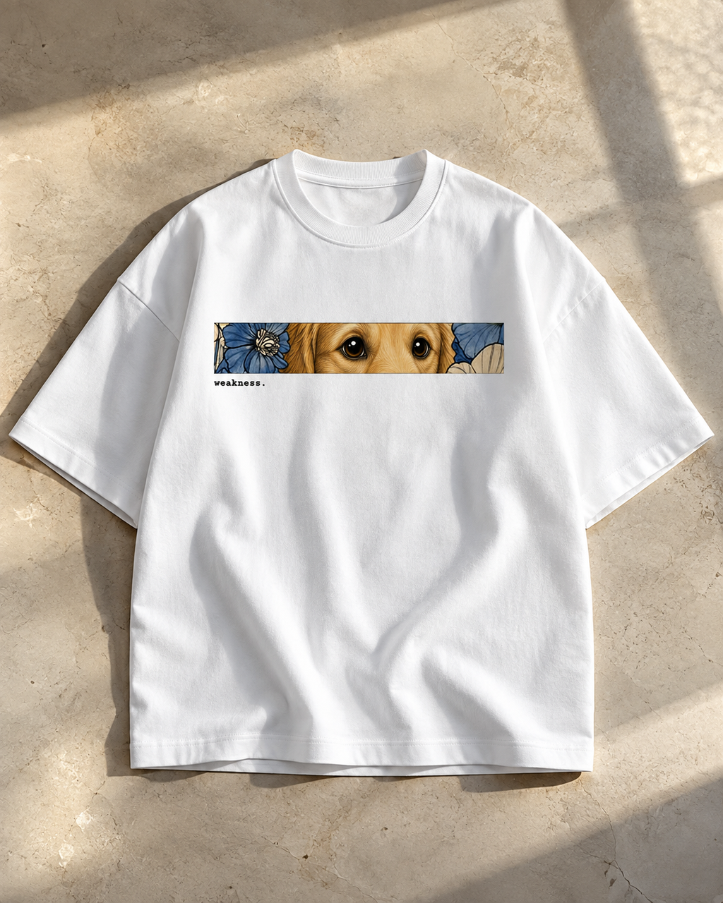White Weakness Premium Oversized T-Shirt hero view with dog eyes and floral graphic
