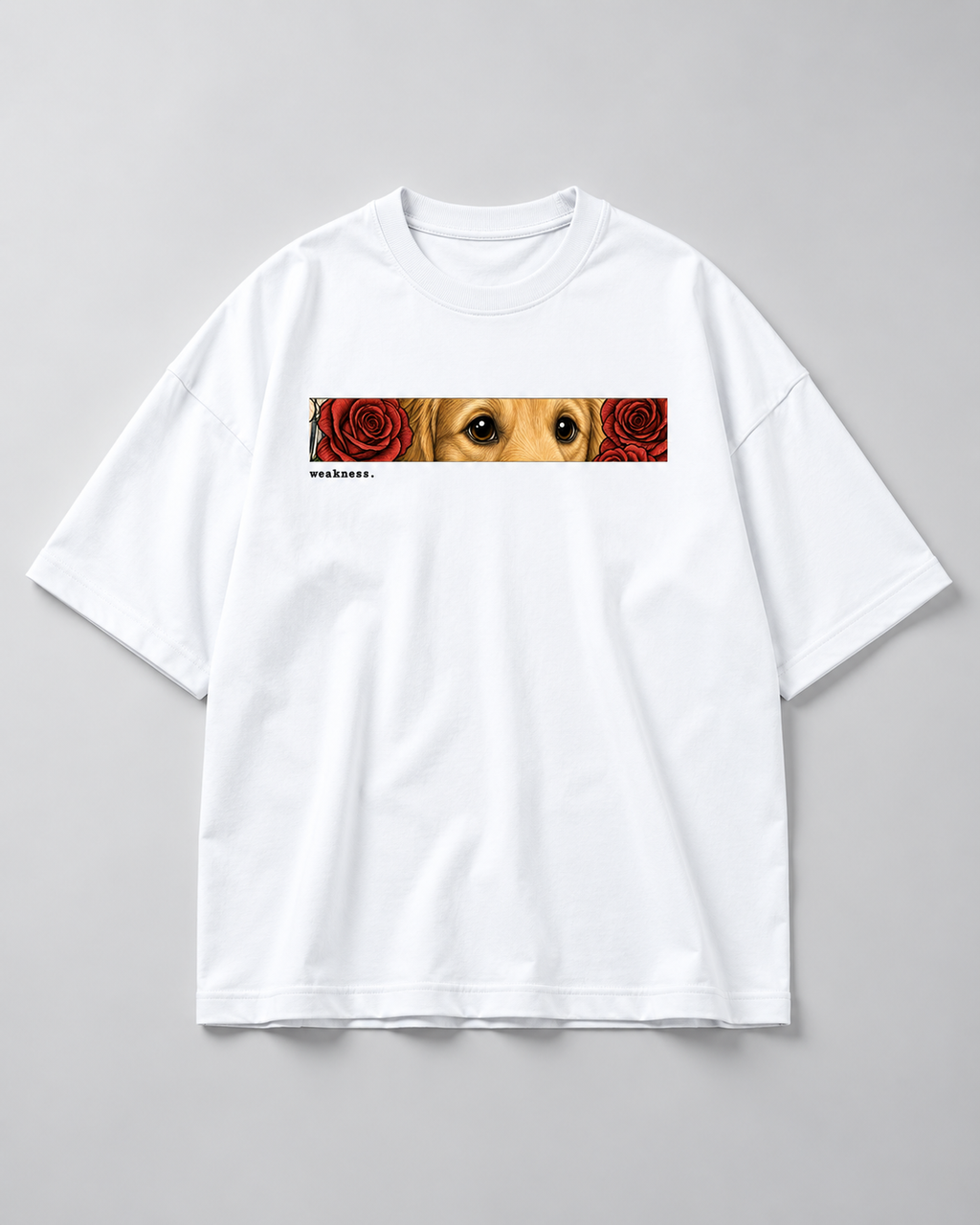 White Weakness Premium Oversized T-Shirt hero view with dog eyes and red rose graphic