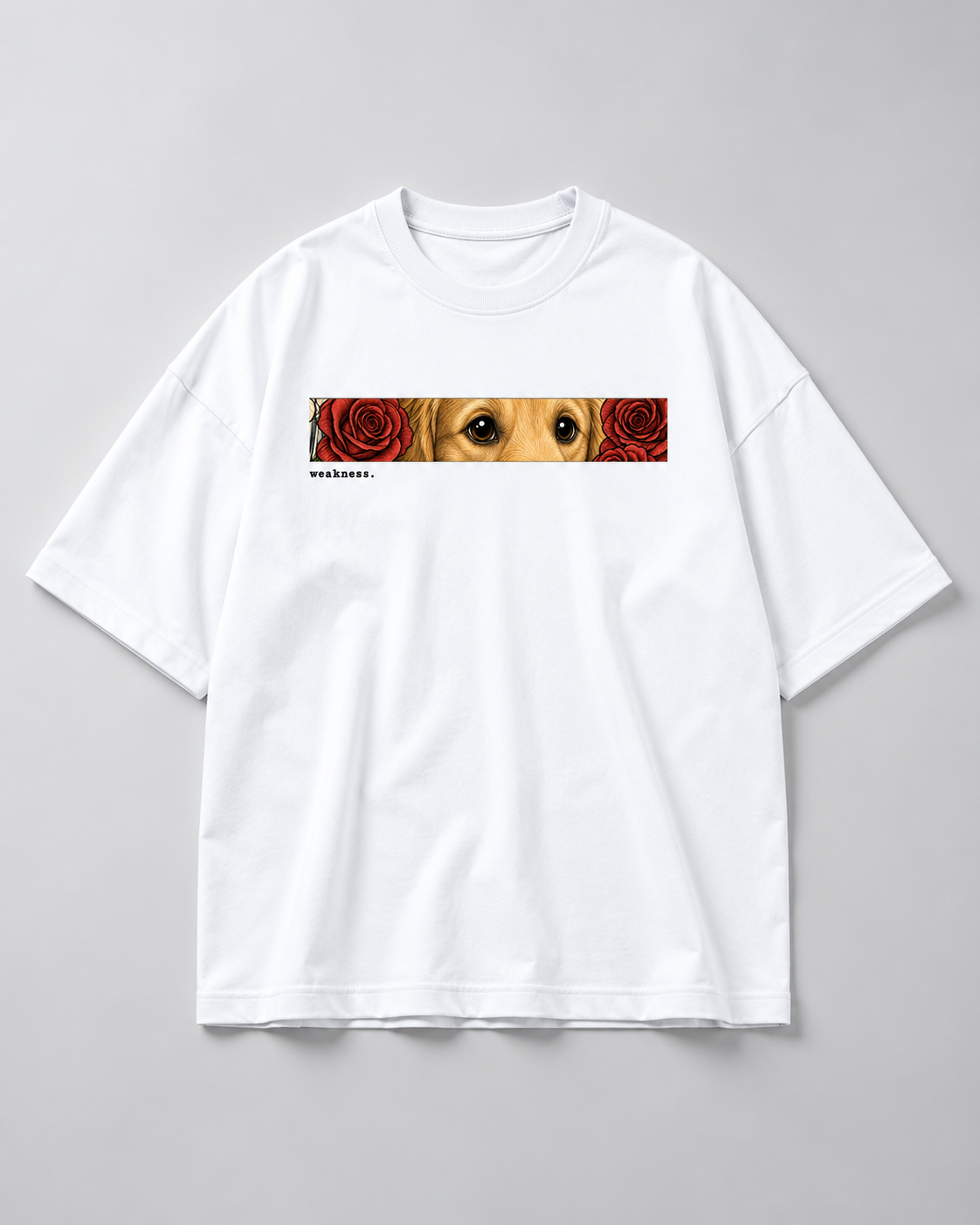White Weakness Premium Oversized T-Shirt hero view with dog eyes and red rose graphic