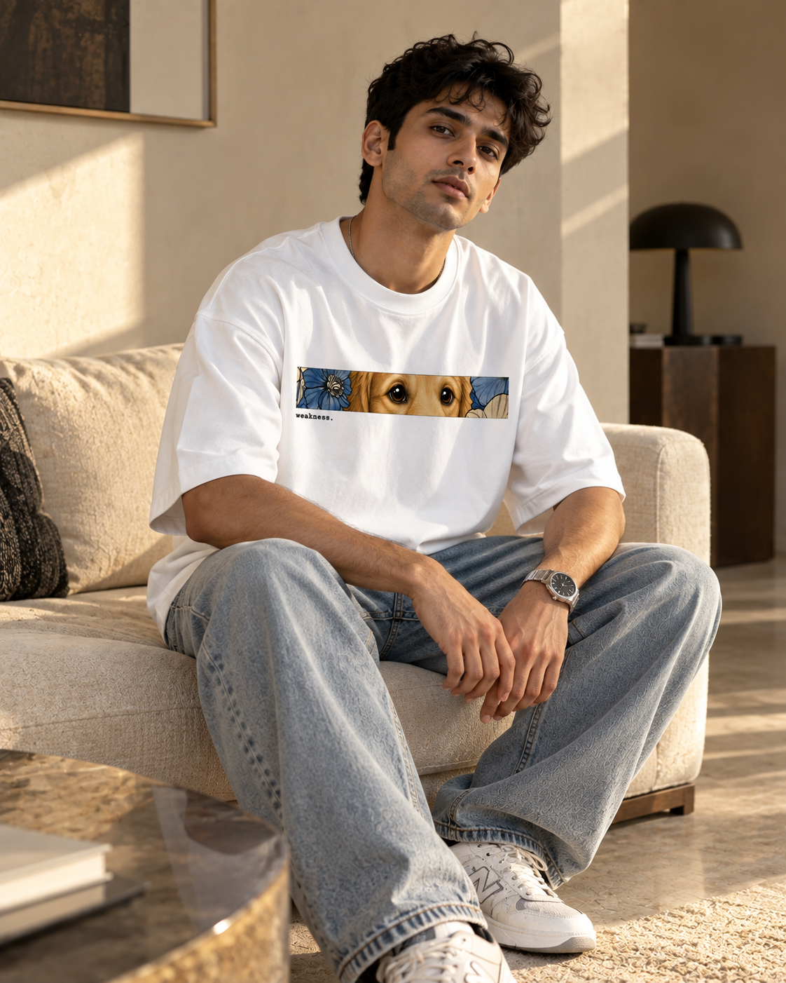 White Weakness Premium Oversized T-Shirt lifestyle view featuring dog eyes and floral artwork